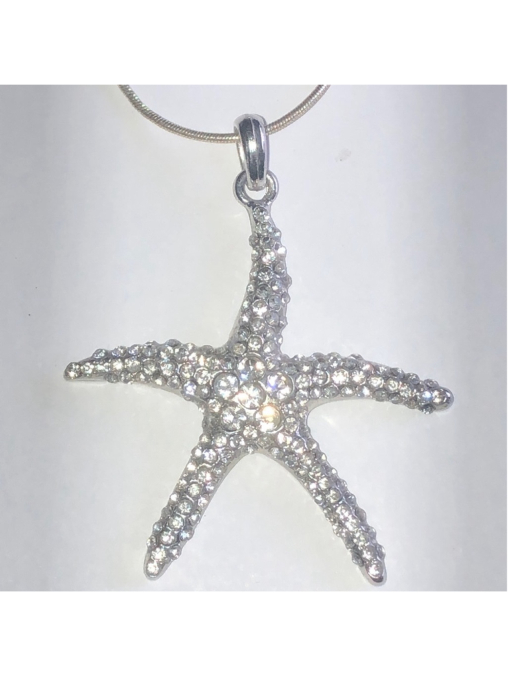 Silver Tone CZ Rhinestone Starfish Boho Pendant Necklace